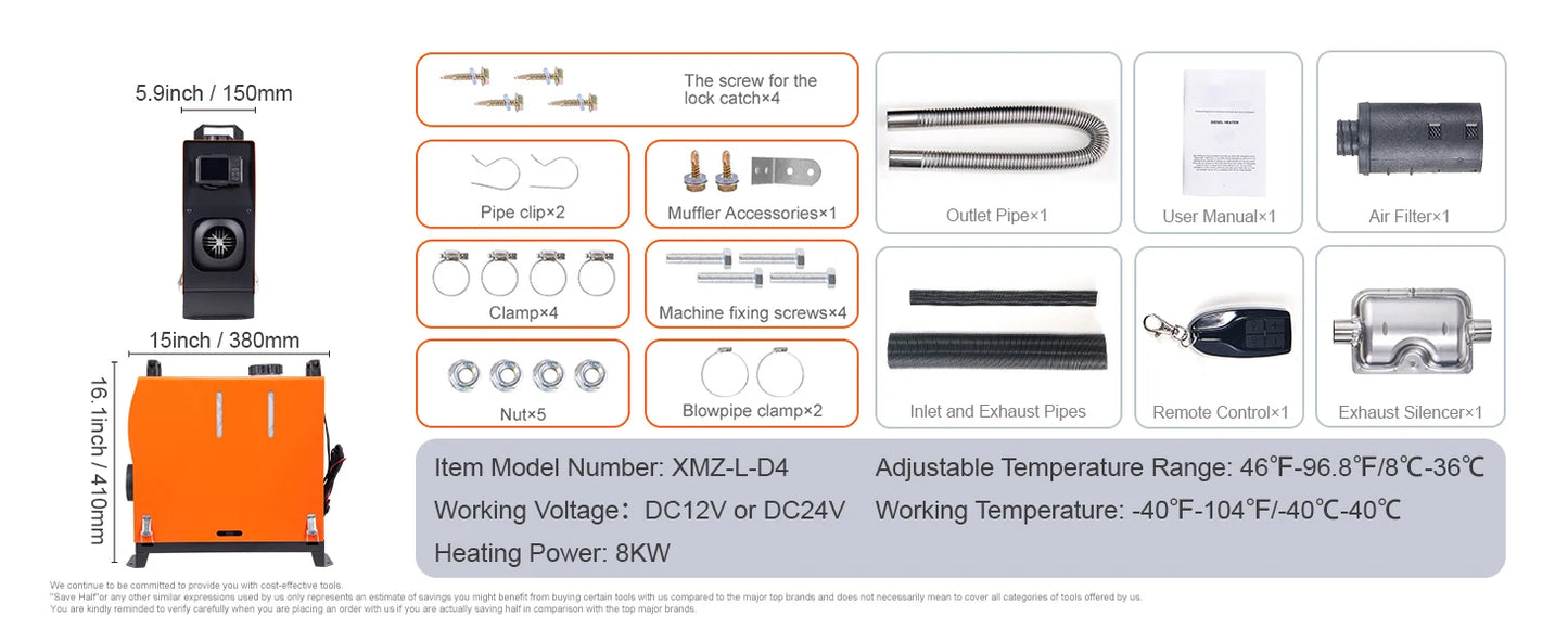 SucceBuy 8KW Diesel Air Heater | LCD Panel, Remote Control, Low Noise Parking Heater for Truck, Trailer & Boat