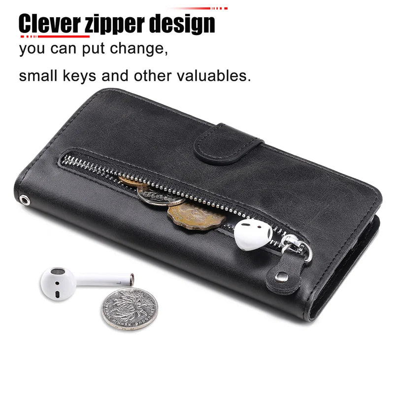 Leather iPhone 16 Plus zipper wallet case with card slots and magnetic stand, featuring a sleek design and durable construction.