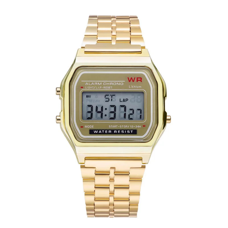 F91W LED Digital Sports Watch - Steel Band, Multi-Function, Unisex Business & Casual Clock
