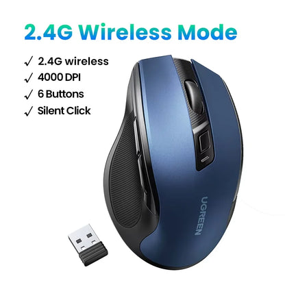 UGREEN MU006 Wireless Mouse – BT5.0 & 2.4G, 4000 DPI, 6 Silent Buttons, Ergonomic for MacBook & PC