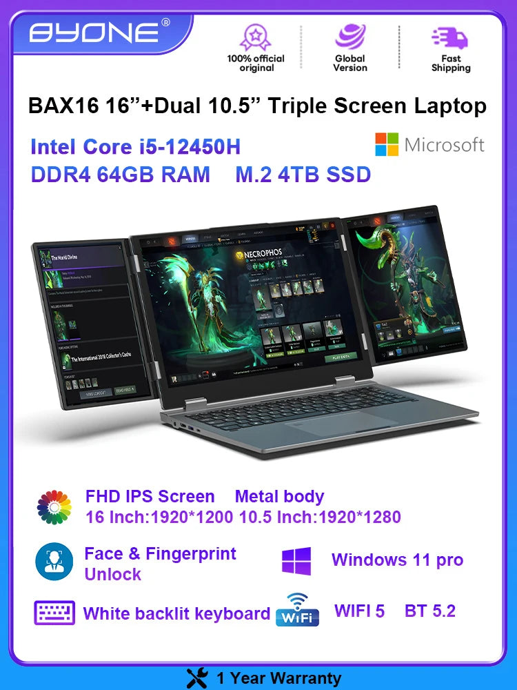 BYONE BAX16 Triple Screen Laptop — 16"+Dual 10.5", Intel i5-12450H, 64GB RAM, 4TB SSD