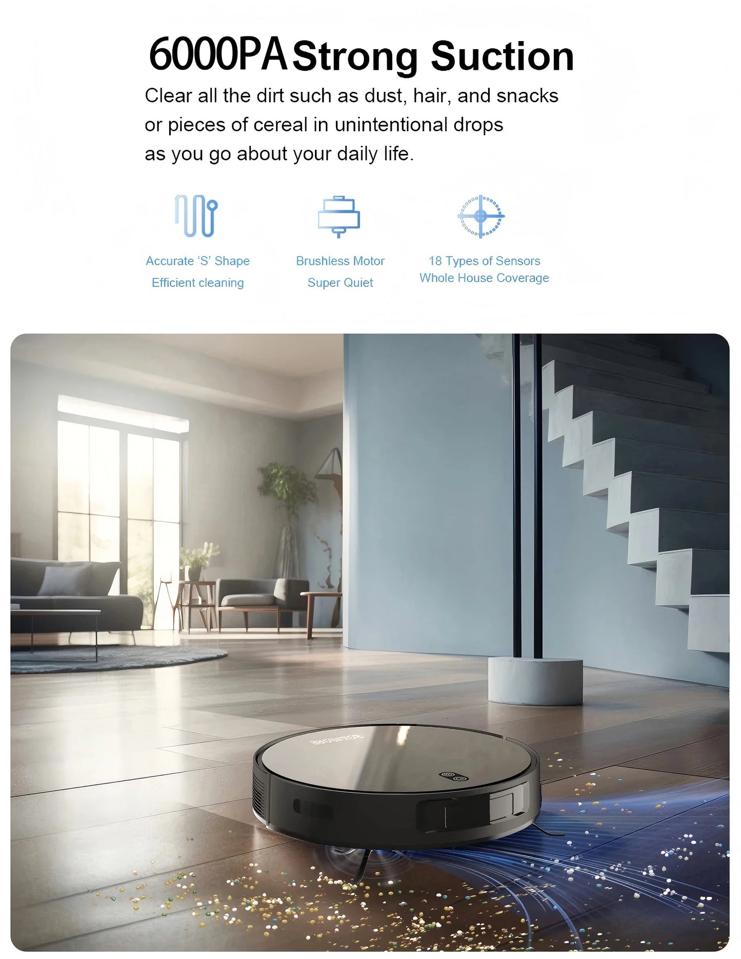 Robot Vacuum & Mop Combo – 6000PA Suction, WiFi & Voice Control, Auto-Recharge, Pet Hair | V6