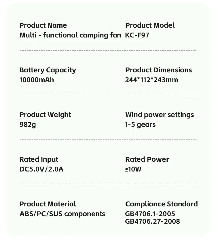 Portable 6-in-1 Outdoor Camping Fan | 10000mAh | 5 Speeds | LED Light | Hook & Remote | Rechargeable