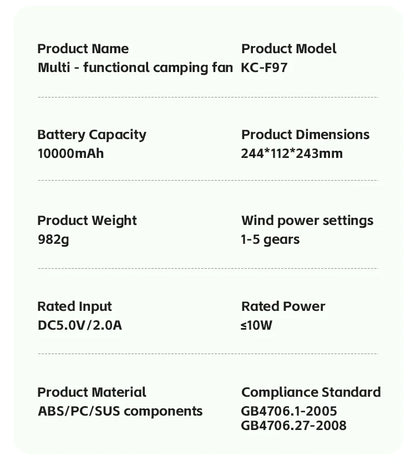 Portable 6-in-1 Outdoor Camping Fan 10000mAh – Wireless with Remote & LED Light