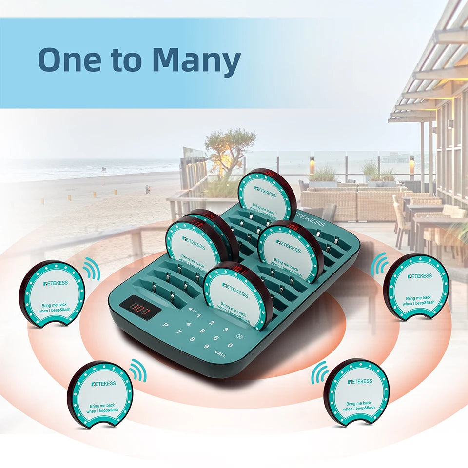 RETEKESS TD167A wireless restaurant calling system coaster pager from R.E.D. Shopping, used in food trucks, cafes, and hotels.