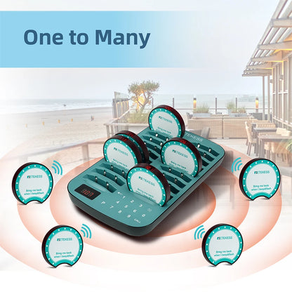RETEKESS TD167A wireless restaurant calling system coaster pager from R.E.D. Shopping, used in food trucks, cafes, and hotels.
