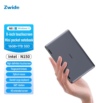 Zwide Pocket Book N8 Pro – 8" Yoga Mini Laptop, Intel i3-N305, 16GB LPDDR5, up to 2TB SSD, Windows 11