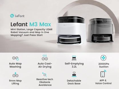 Lefant M3 Max Robot Vacuum & Mop – 20,000PA Suction, Anti-Tangle, Dual Spinning Mop, Auto Mop Washing | US/Mexico