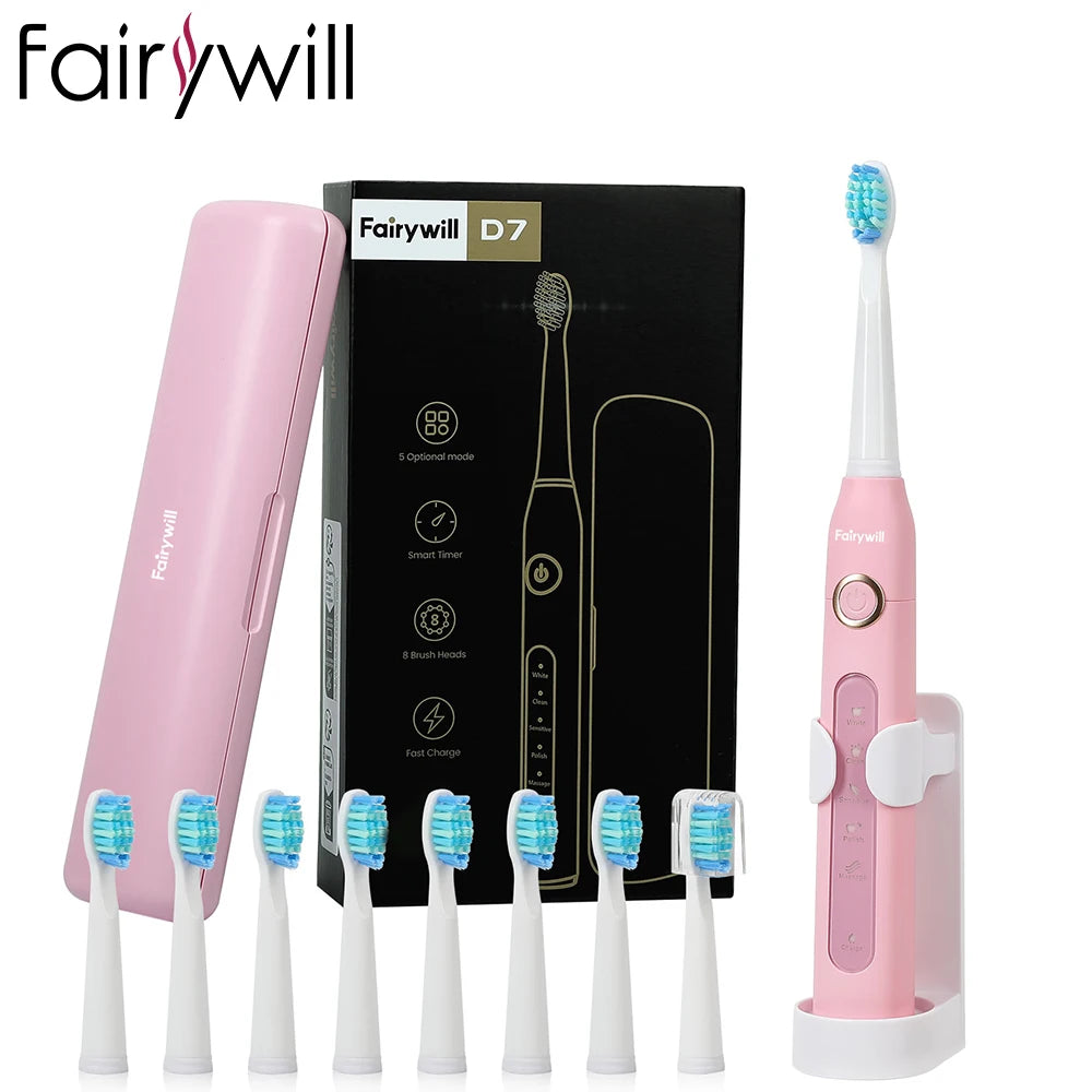 Fairywill FW-D7 Electric Sonic Toothbrush | USB Rechargeable, Waterproof, 8 Replacement Heads