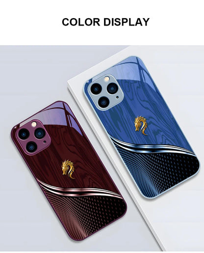 Wood grain dragon rose tempered glass iPhone case with artistic design, providing stylish protection for mobile phones.