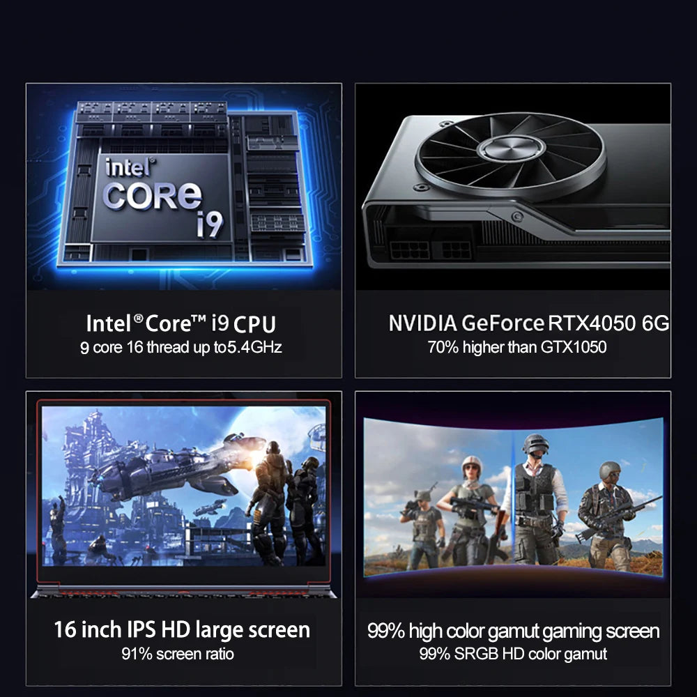 16.1" Gaming Laptop — Intel i9-13900HK, RTX 4050 6G, Up to 64GB DDR5, 2TB NVMe SSD, Windows 11