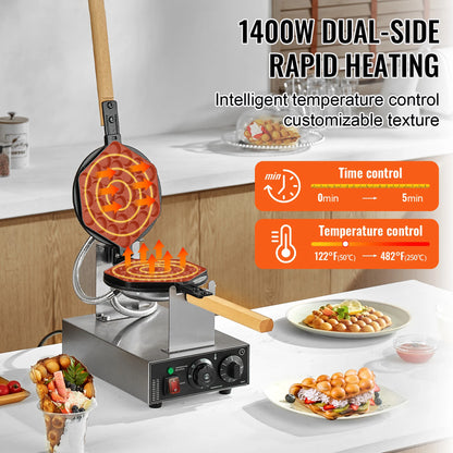 SucceBuy 1400W Commercial Egg Bubble Waffle Maker – 180° Rotatable Non-Stick