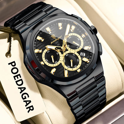 POEDAGAR Men's Luxury Chronograph Watch – Stainless Steel, Waterproof, Luminous, Date