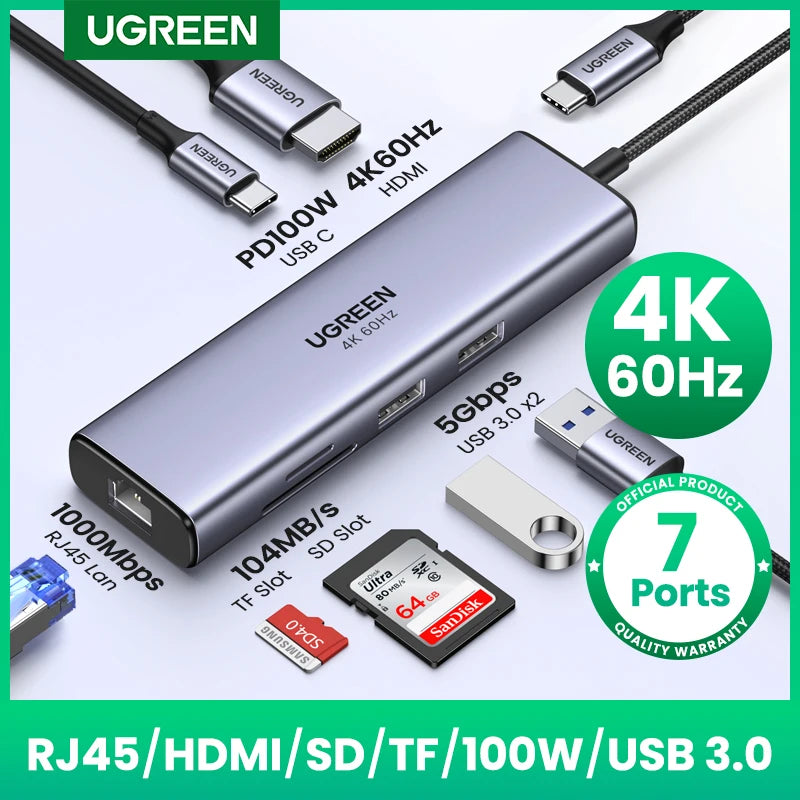 UGREEN CM512 7-in-1 USB-C Hub – 4K60Hz HDMI, PD100W, 5Gbps USB3.0, SD/TF, RJ45, MacBook & Laptop