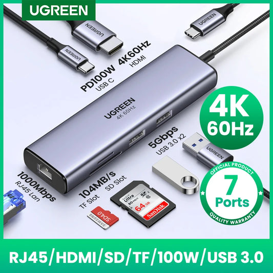 UGREEN CM512 7-in-1 USB-C Hub – 4K60Hz HDMI, PD100W, 5Gbps USB3.0, SD/TF, RJ45, MacBook & Laptop