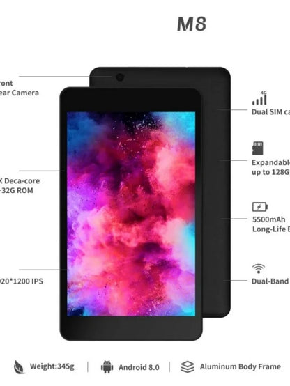 Glavey 8" 4G Phone Call Tablet – Android 8.0, MTK6797 10-Core, 3GB+32GB, Dual SIM, 5500mAh