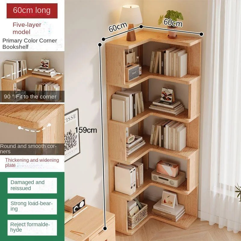Solid wood corner bookshelf by R.E.D. Shopping showing a multi-layer storage unit fitting into a home living room corner.