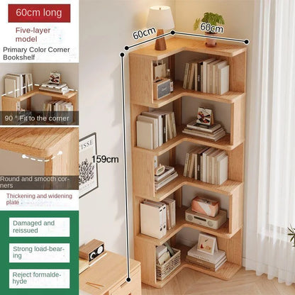 Solid wood corner bookshelf by R.E.D. Shopping showing a multi-layer storage unit fitting into a home living room corner.