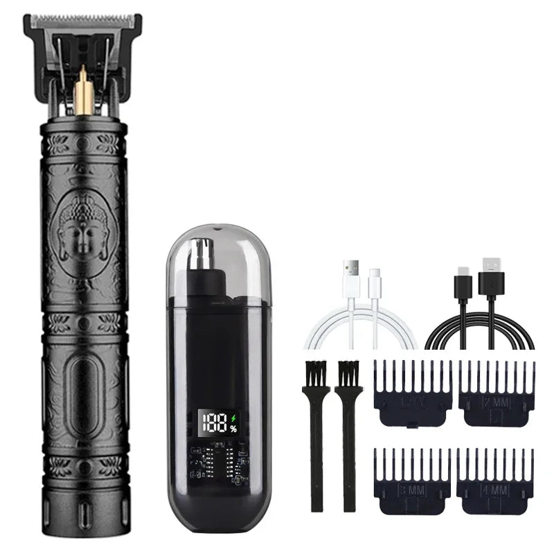 R.E.D. men's grooming set with nose and ear hair trimmer and T9 hair clipper, USB rechargeable, suitable for home grooming.