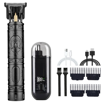 R.E.D. men's grooming set with nose and ear hair trimmer and T9 hair clipper, USB rechargeable, suitable for home grooming.
