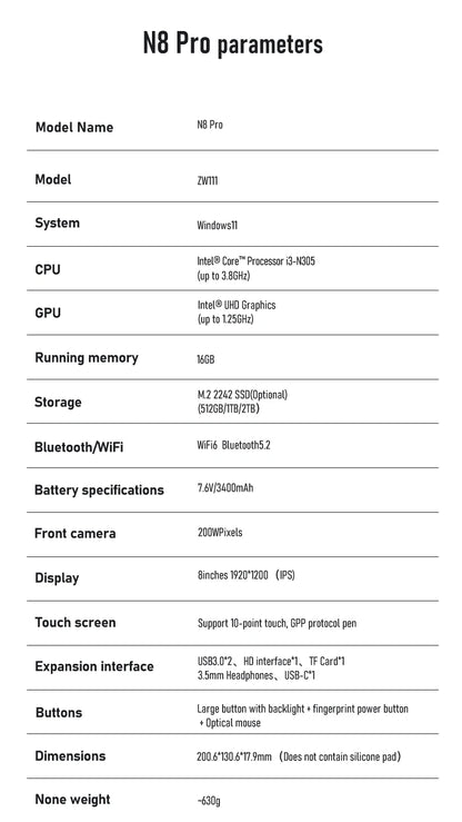 Zwide Pocket Book N8 Pro – 8" Yoga Mini Laptop, Intel i3-N305, 16GB LPDDR5, up to 2TB SSD, Windows 11
