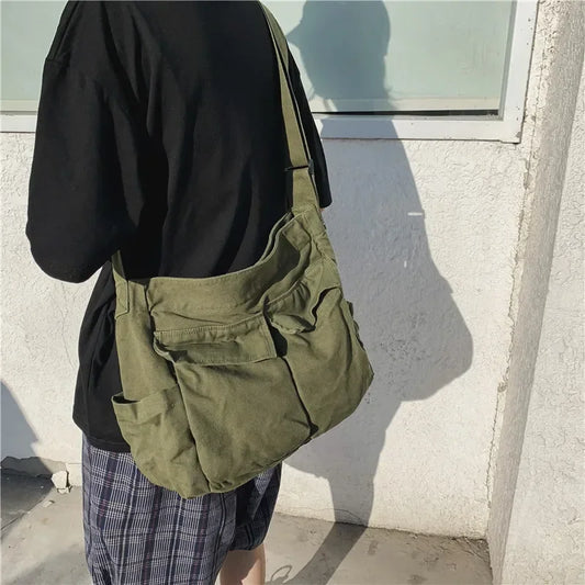 Large Canvas Messenger Bag - Multi-Pocket Hip Hop Style Shoulder Bag