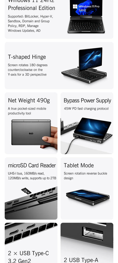 GPD MicroPC 2 – 7" Mini Laptop, Intel i3-N300, 16GB DDR5, 512GB SSD, Touch Screen, Windows 11