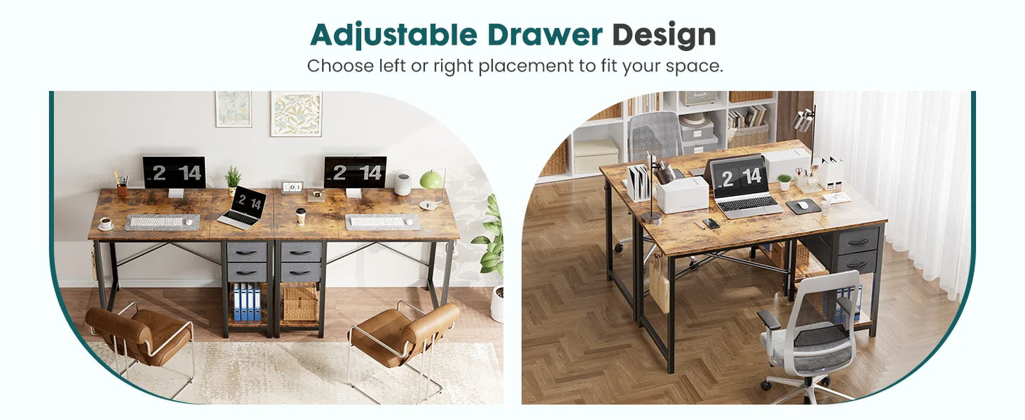 JHK Computer Desk with 2 Fabric Drawers | 40" & 47" Reversible Storage
