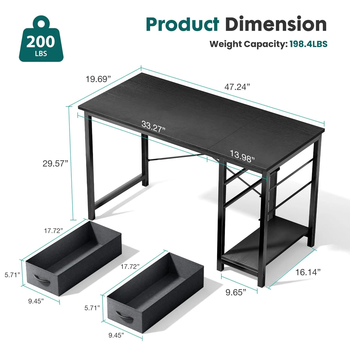 JHK Computer Desk with 2 Fabric Drawers | 40" & 47" Reversible Storage