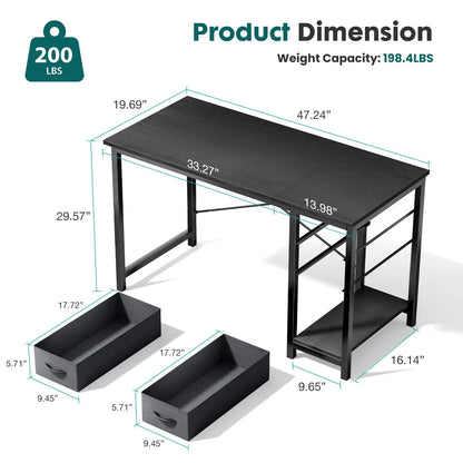 JHK Computer Desk with 2 Fabric Drawers | 40" & 47" Reversible Storage