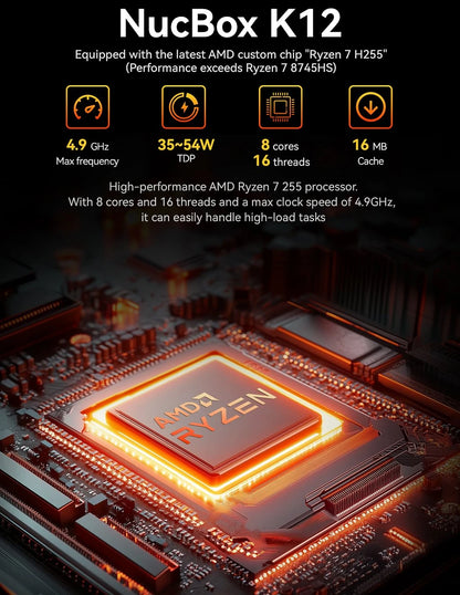 GMKtec K12 Gaming Mini PC – AMD Ryzen 7 H255, Radeon 780M, WiFi 6E, USB-C