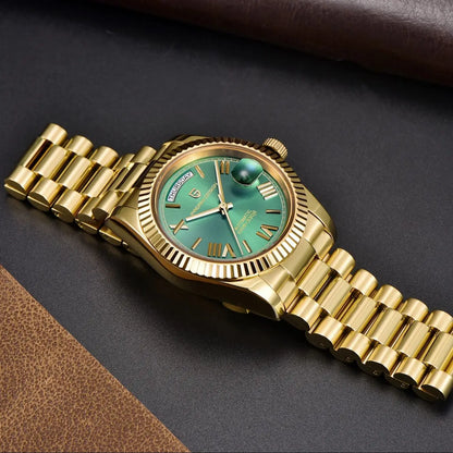 PAGANI DESIGN Men's Automatic Watch – 40mm, NH36A, AR Sapphire Glass, Date & Week, Gold Green
