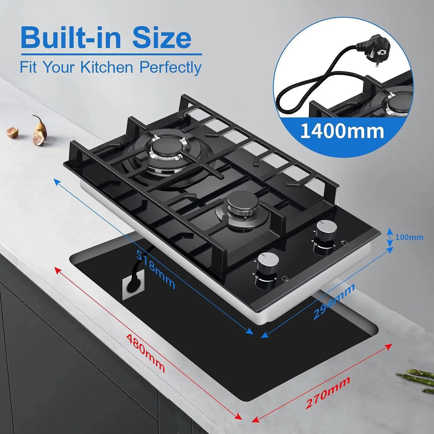 TopStrong 2-Burner Built-In Gas Hob 30cm – Tempered Glass, NG/LPG Dual Fuel (UKGCT-B02)