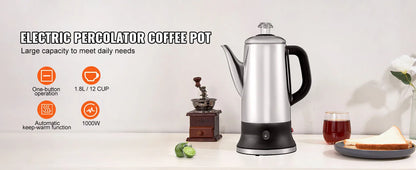 SucceBuy 12-Cup Electric Coffee Percolator – 304 Stainless Steel, Keep Warm, 1.8L