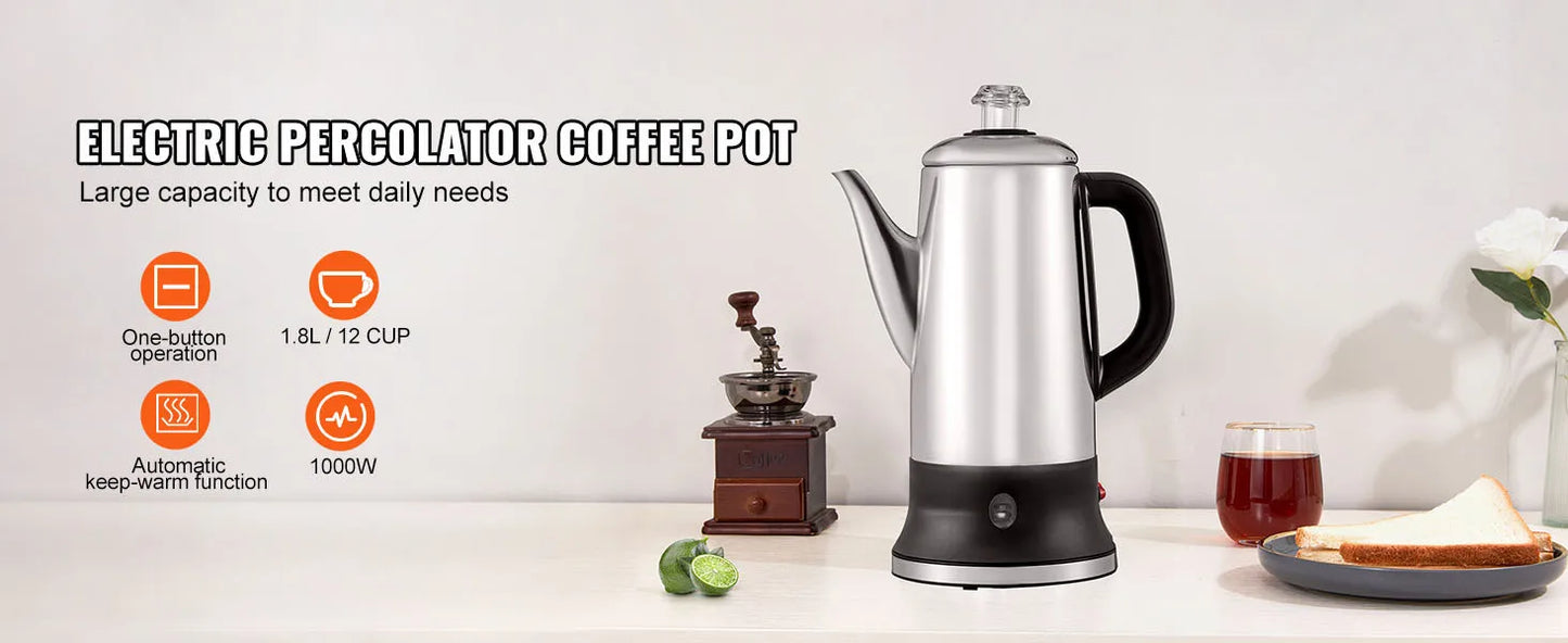 SucceBuy 12-Cup Electric Percolator Coffee Pot | 304 Stainless Steel, Keep Warm