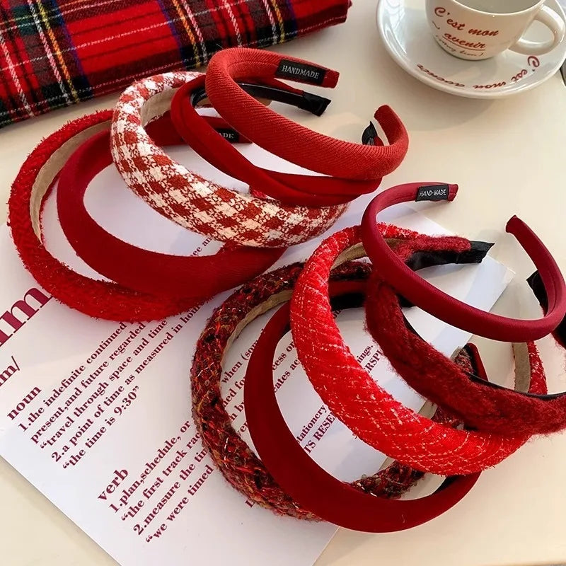 Red Christmas fashion headband with vintage wool style, festive cloth hair accessory, perfect for holiday seasonal wear.