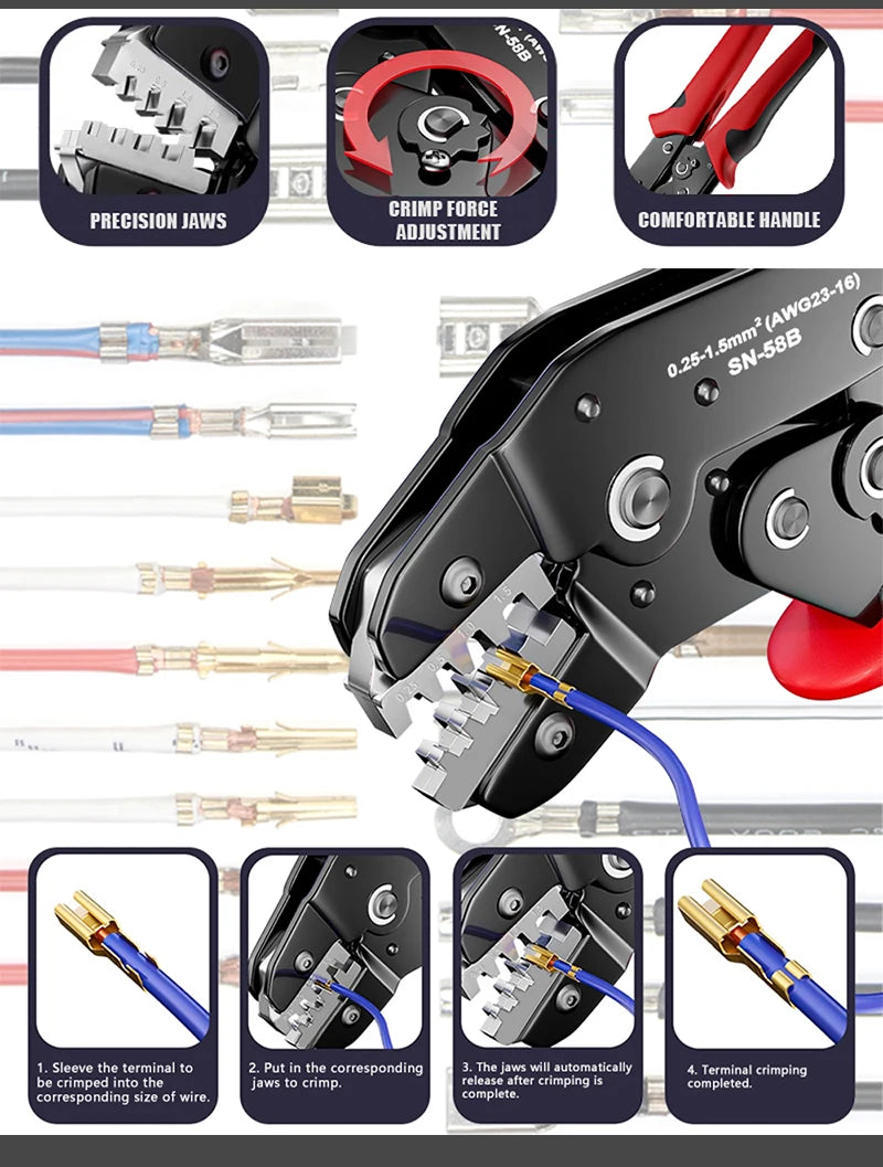 Ratcheting Crimping Tool Set SN-58B – For Dupont, JST, MOLEX & Open Barrel Terminals