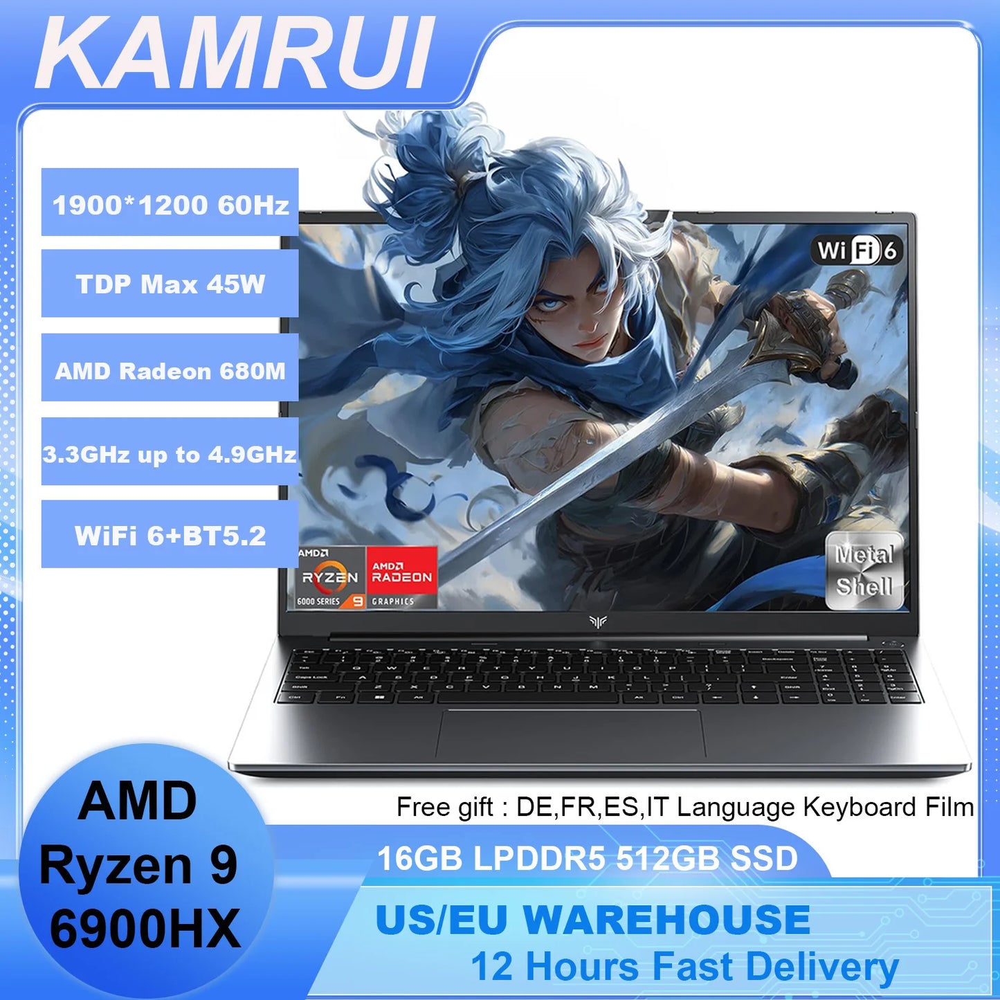KAMRUI Gaming Laptop 16" — AMD Ryzen 9 6900HX, 16GB LPDDR5, 512GB NVMe SSD, Radeon 680M, Win11 PRO