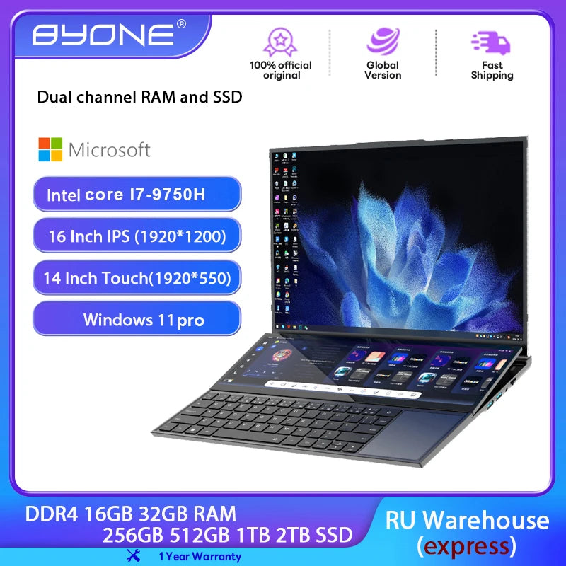 BYONE Dual Screen Gaming Laptop — Intel 10th Gen, Up to 64GB DDR4, Up to 4TB SSD, Windows 11, Touch Display