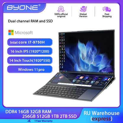 BYONE Dual Screen Gaming Laptop — Intel 10th Gen, Up to 64GB DDR4, Up to 4TB SSD, Windows 11, Touch Display