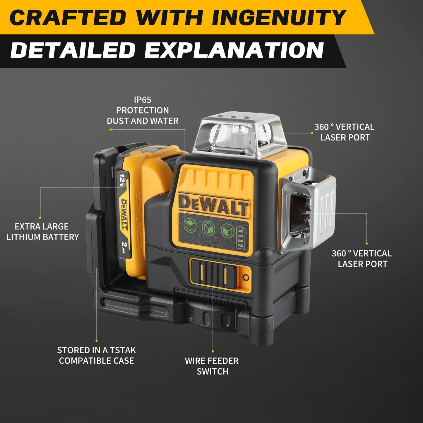 DW089LG 12V Green Laser Level – 3-Sided 360° Vertical & Horizontal 12 Lines