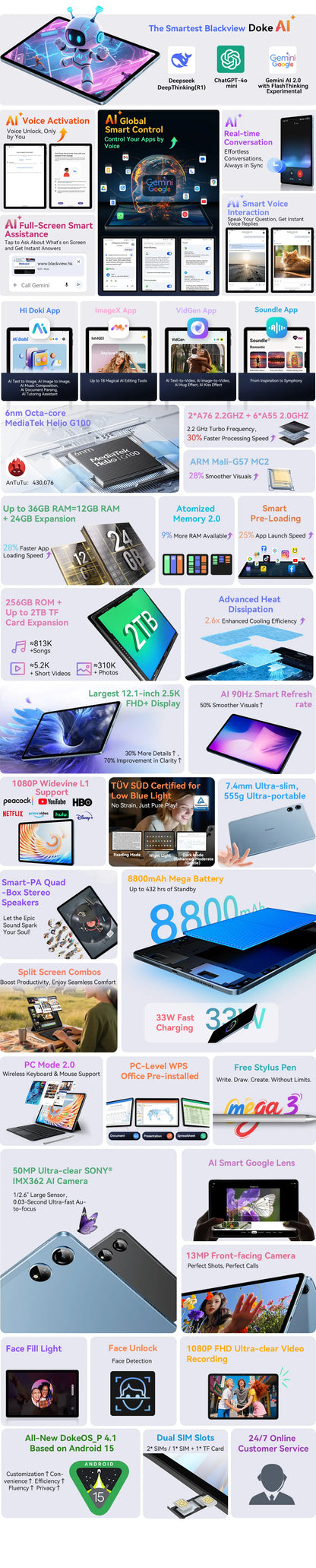 Blackview MEGA 3 Tablet | 12.1" 2.5K 90Hz | Android 15 | 12GB+256GB | 8800mAh 33W | 50MP | 4G