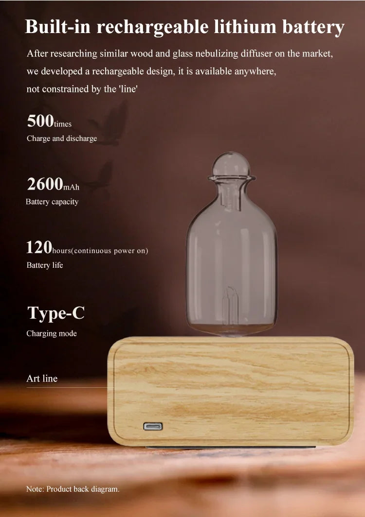 Professional Aromatherapy Nebulizer Diffuser — Wood & Glass, Waterless, 2600mAh Battery, Scent Machine