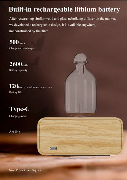 Professional Aromatherapy Nebulizer Diffuser — Wood & Glass, Waterless, 2600mAh Battery, Scent Machine