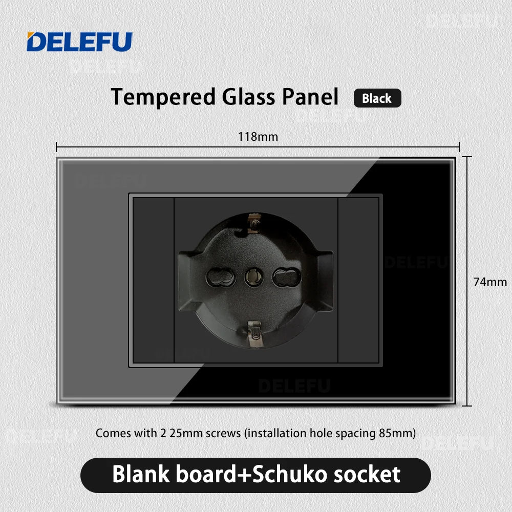 DELEFU Black Tempered Glass Wall Socket – USB Type-C Fast Charging Schuko & Italy