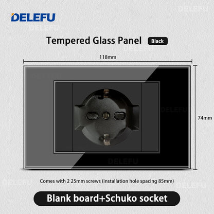 DELEFU Black Tempered Glass Wall Socket – USB Type-C Fast Charging Schuko & Italy