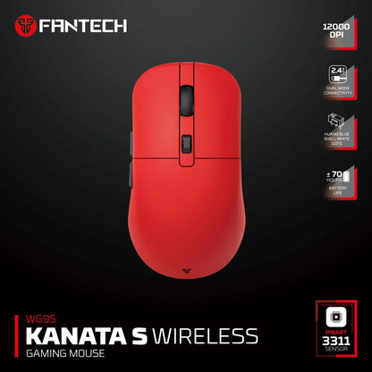 FANTECH Kanatas WG9S wireless gaming mouse with PIXART 3311 sensor, 12000 DPI, macro buttons, black ergonomic design