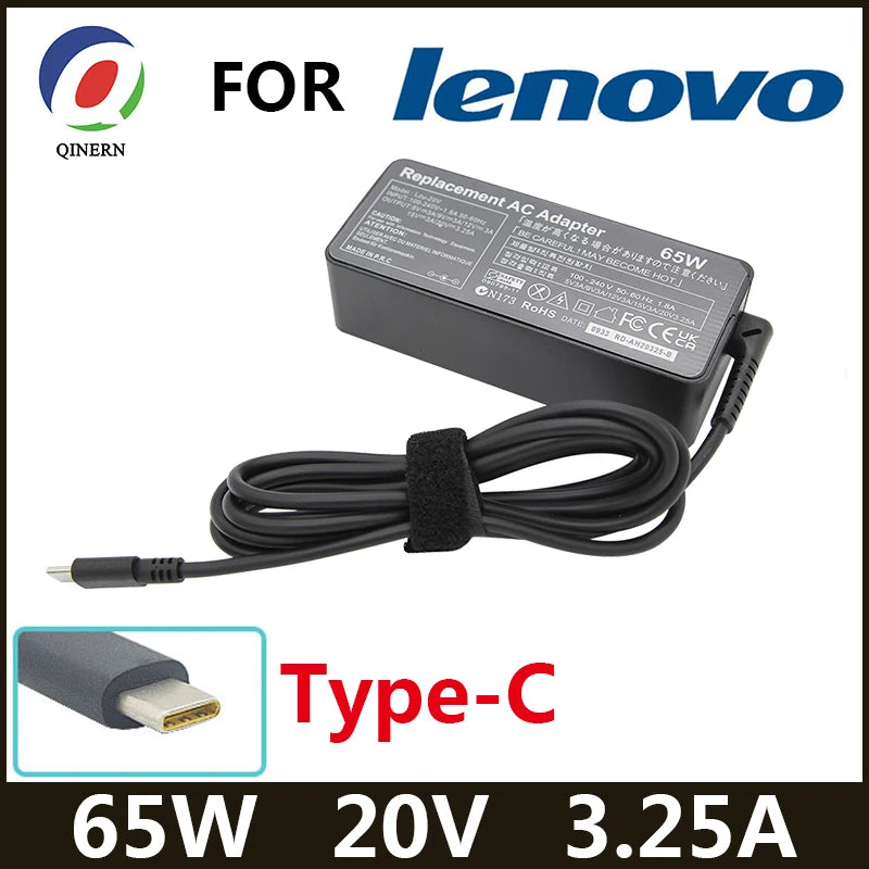 LZUMWS 65W USB-C Power Adapter for Lenovo ThinkPad – 20V 3.25A, CE/FCC/RoHS, EU/UK/US/AU/BR Plug