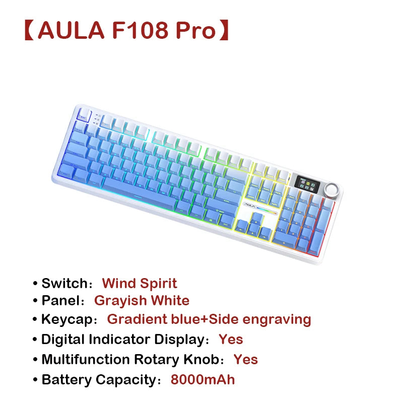 AULA F108Pro Wireless Mechanical Keyboard – UK Layout, Bluetooth Tri-Mode, Gasket, Hot-Swap, RGB, 104 Keys