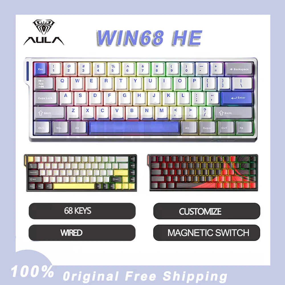 Red Aula Win68 HE magnetic mini gaming keyboard with RGB backlit mechanical keys, wired connection, hot-swappable switches for PC gaming